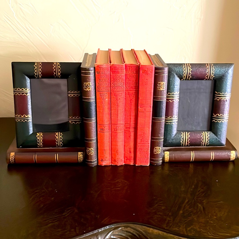 Hand Decorated Picture Frame Wooden Bookends with Faux Books
